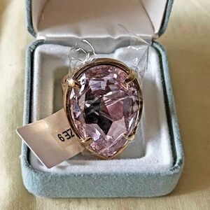 LARGE 2 ⅜ INCH GENUINE CRYSTAL RING, by SHAY LOWE, SIZE 9, PINK COLOUR, GOLD TON